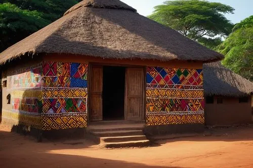 Traditional Ghanaian architectural design, colorful mud huts, intricate patterns on walls, thatched roofs, vibrant textiles hanging from windows, wooden carvings on doors, lush greenery surrounding th