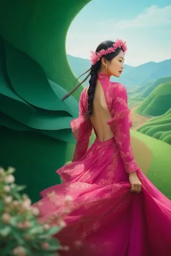 an elegant asian lady, wearing a deep pink cherry backless flowy dress, the background of beautiful deep emerald terraced fields,a woman in pink dress standing near green hills,flamenca,girl in a long