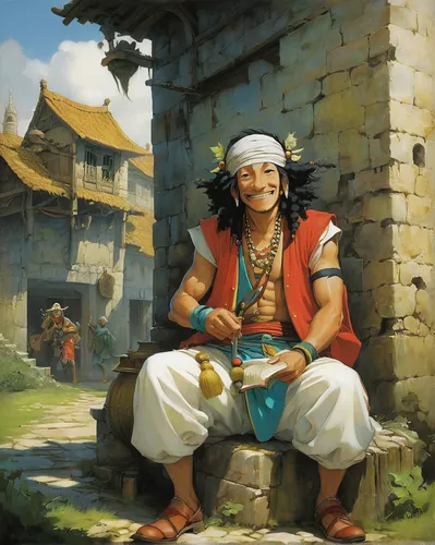 tibetan,yi sun sin,merchant,indian monk,vendor,shuanghuan noble,nepal,kathmandu,calm usopp,bansuri,luo han guo,khlui,nepalese cuisine,male character,xing yi quan,magi,guru,khokhloma painting,guilinggao,maya civilization,Illustration,Realistic Fantasy,Realistic Fantasy 16