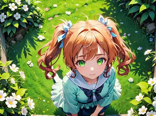 morigami,hair flower,curly hair，Oh my goodness! White double ponytails! How wonderful and charming they sound! ,anime girl wearing a blue dress standing in a green area,kururi,chiusa,lily of the field