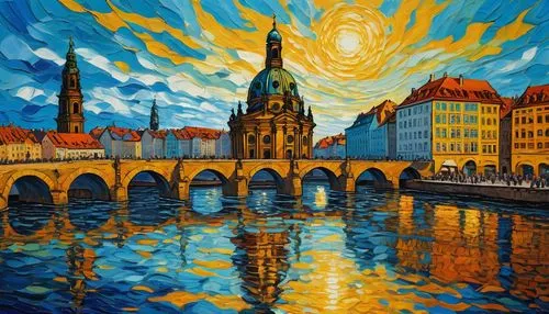 impressionist painting of Dresden Frauenkirche surrounded by a busy market place, on a sunny day by Van Gogh with golden reflection in the water of the elbe river. make oil painting with psychedelic t