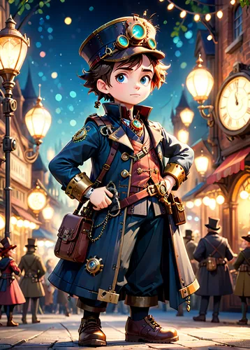 steampunk,french digital background,tokyo disneysea,pinocchio,hamelin,town crier,bellboy,children's background,figaro,anime japanese clothing,oktoberfest background,fairy tale character,game illustration,cg artwork,shanghai disney,christmas carol,disney character,cute cartoon character,nutcracker,hatter,Anime,Anime,Cartoon