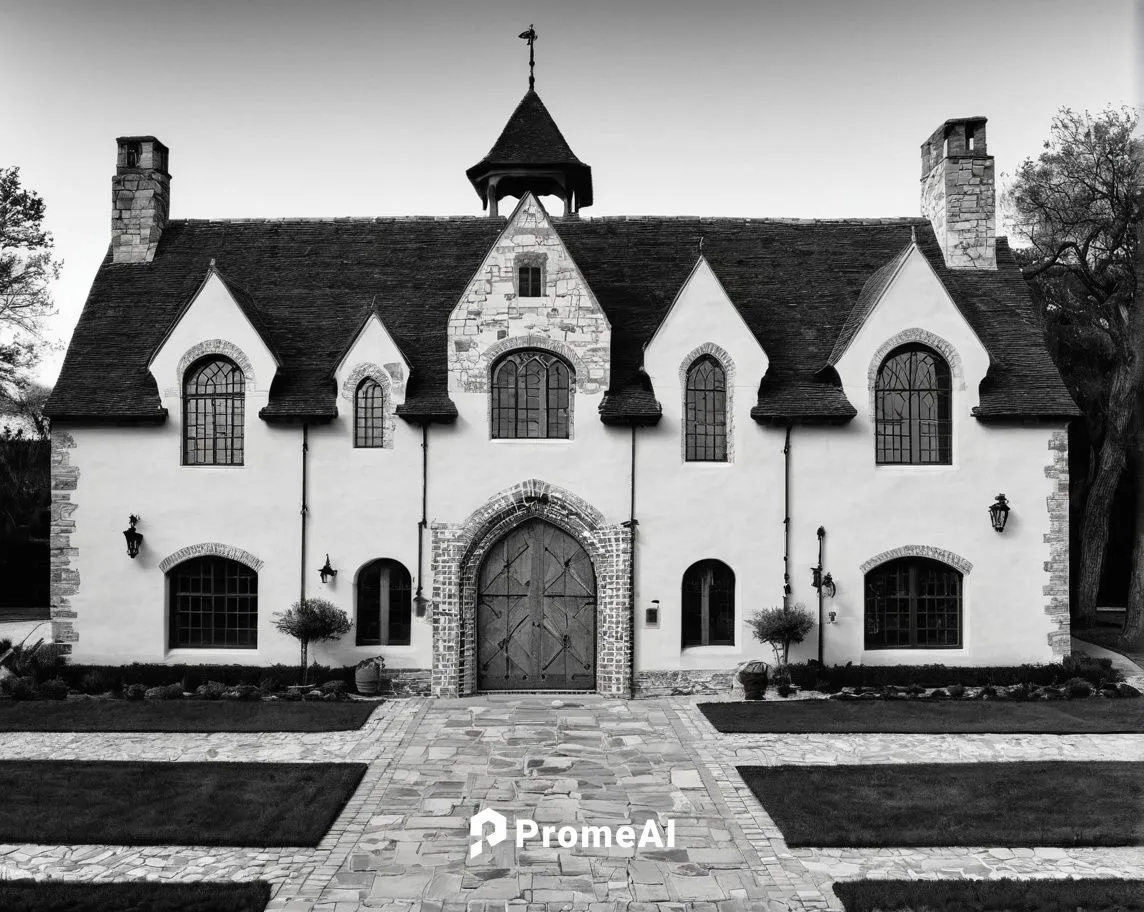 Drawing of a (small (one-story) medieval German-style Keep and walls with a driveway and garage, small gatehouse, stone walls and battlements, Texas countryside (large yard), terrace, (orchard), (moat