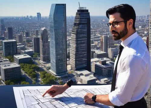 Modern architecture, CV, male architect, 35yo, glasses, short black hair, trimmed beard, white shirt, black tie, black trousers, leather shoes, standing, holding blueprints, pointing at building model