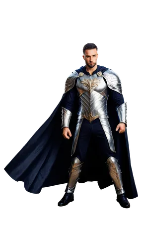 Muscular man, heroic pose, shining armor, golden shoulder guards, silver chest plate, leather gauntlets, sword at side, flowing cape, dynamic movement, strong facial expression, intense eyes, bright l