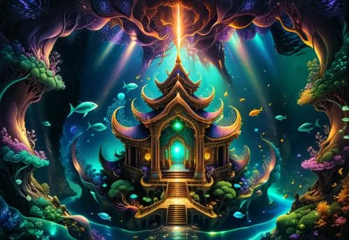 amazing fractal,a surreal scene of a building with glowing lights,legendarium,fairy world,shambhala,majora,nidularium,3d fantasy,fantasia,sanctum,fractal environment,fantasy art,scroll wallpaper,alfhe