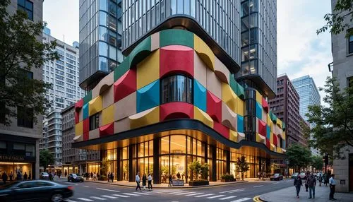 colorful facade,kimmelman,andaz,bloomingdales,julliard,adjaye,niketown,knoedler,macys,bechtler,koolhaas,gensler,willis building,gagosian,cube house,glass building,macerich,marimekko,safdie,shopzilla