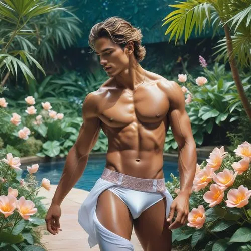 The scene is set in a lush garden, with vibrant flowers and herbs growing in the gentle breeze. A Kolumbien top Model muscular adonis men with men perfect body and wearing white latex gloss gold Arabi