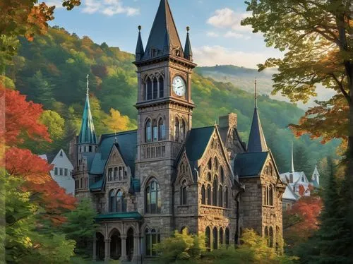 fairy tale castle,fairytale castle,gothic church,hogwarts,lehigh,haunted cathedral,sewanee,fall landscape,rivendell,neogothic,briarcliff,kykuit,cullowhee,altgeld,church towers,victorian house,cornell,woodburn,gasson,beautiful buildings,Illustration,Black and White,Black and White 25