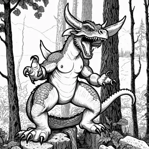 forest dragon,cerebus,torosaurus,bunyip,baragon,kritosaurus,styracosaurus,theropoda,taittiriya,kaijuka,saurian,kobold,hrdinova,dorgon,neibaur,woodring,cynorhodon,gorgonops,sacoglossan,jabberwocky,Design Sketch,Design Sketch,Black and white Comic