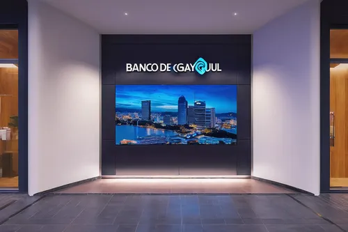 Imagine a scenario where Banco de Guayaquil uses AI technology to enhance customer experience.,electronic signage,barangaroo,glass wall,window film,diamond lagoon,flat panel display,glass facade,balco