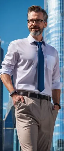 Middle-aged male architect, standing, hands in pockets, black-rimmed glasses, short brown hair, beard, white shirt, dark blue tie, grey trousers, black leather shoes, confident smile, holding blueprin