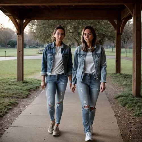 Body portrait outdoors, walking, head to thigh, in everyday clothes, denim jacket and jeans with holes. Location: Park meadow.,two girls,menswear for women,denim shapes,models,denim,gazelles,denim jea