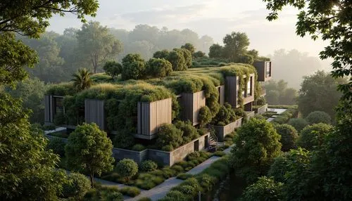 yavin,kashyyyk,kudzu,amanresorts,3d rendering,ecotopia,forest house,cube stilt houses,treehouses,render,landscaped,house in the forest,apartment block,cubic house,green garden,apartment building,residential,apartment complex,biopiracy,habitat 67