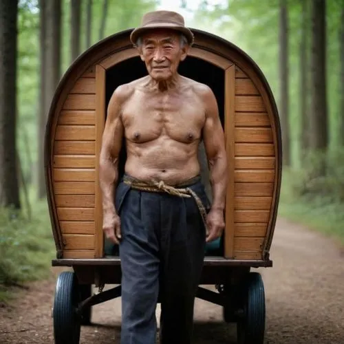 a shirtless man stands on wheels as he poses for a po,shigakogen,wooden sauna,yoshihiko,tatung,toyohiko,yohei