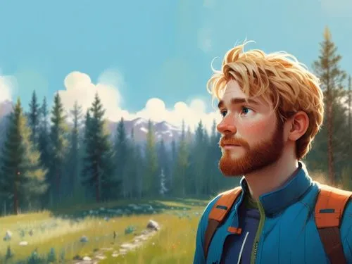 a 2d drawing, vector style of a 30 year old man. He has brown hairs and a brown beard,an image of a man looking back with trees in the background,bunyan,denali,world digital painting,alaska,buckland,l