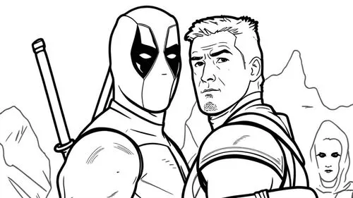 two deadpool characters with their arms around one another,arrow line art,zatoichi,inking,rifftrax,penciler,deadpool,Design Sketch,Design Sketch,Rough Outline