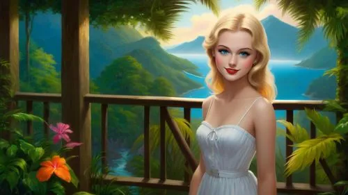 Romantic masterpiece oil painting, beautiful girl portrait, nostalgic 1950's style kitsch, vibrant rainforest, mountaintop cottage landscape, lush tropical jungle paradise, beautiful natural scenery, 