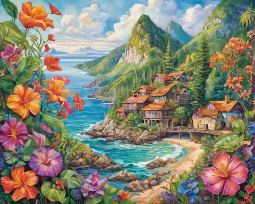 coastal landscape,an island far away landscape,landscape background,home landscape,sea landscape,summer cottage,fairy village,cottage,beach landscape,house by the water,nature landscape,uninhabited island,delight island,java island,landscape with sea,mountain beach,house with lake,fisherman's house,tropical bloom,mountain scene,Illustration,Paper based,Paper Based 09