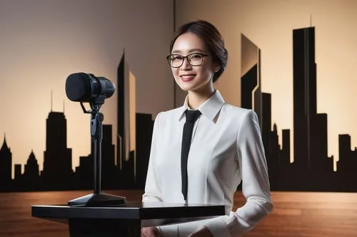 Arm architecture family, press conference, modern interior, sleek wooden podium, professional presenter, formal wear, white shirt, black tie, glasses, confident smile, detailed facial features, subtle