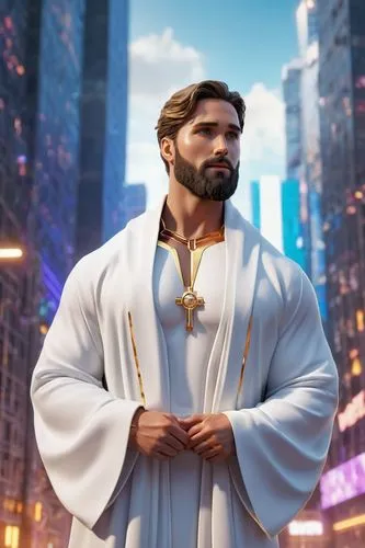 Modern Jesus, beard, short hair, white robes, golden halo, muscular body, gentle eyes, serene facial expression, standing in a contemporary cityscape, skyscraper, neon lights, graffiti wall, urban dec