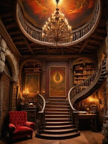 circular staircase,spiral staircase,winding staircase,staircase,outside staircase,ornate room,stairway,spiral stairs,great room,stair,stairs,four poster,theatrical property,rococo,interior design,theater stage,entrance hall,the throne,fairy tale castle,hobbiton,Art,Classical Oil Painting,Classical Oil Painting 19