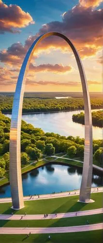 St Louis Arch, monumental metal structure, shiny stainless steel, curved lines, symmetrical design, 630 feet tall, iconic American landmark, sunset at Gateway Arch, warm golden light, dramatic clouds,