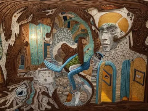 a colorful artwork featuring people and animals in the middle of a room,orchestrion,wood carving,kienholz,woodburning,murals,cuckoo clock,Product Design,Furniture Design,Modern,Playful Chic