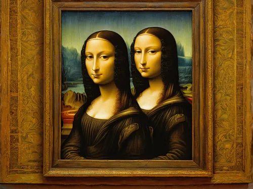 the mona lisa,mirror image,mona lisa,gothic portrait,paintings,optical illusion,symmetry,optical ilusion,louvre,vintage art,mirror reflection,mirroring,mirror frame,mirrors,mirrored,the three graces,leonardo da vinci,fine art,popular art,art world,Illustration,Abstract Fantasy,Abstract Fantasy 09