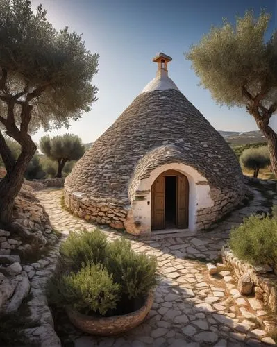 Ancient Trullo, prehistoric stone hut, cone-shaped roof, whitewashed exterior walls, narrow windows, heavy stone doors, rugged terrain, rural landscape, olive trees, Mediterranean vegetation, warm sun