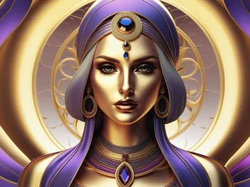 illustration of the queen of egypt with purple hair and gold halo,estess,priestess,nephthys,zodiac sign libra,hecate,prophetess,Illustration,Realistic Fantasy,Realistic Fantasy 45