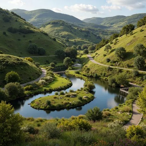 Undulating hills, serpentine roads, winding water features, organic curvilinear forms, harmonious landscape integration, lush green vegetation, vibrant wildflowers, meandering pathways, rustic stone w