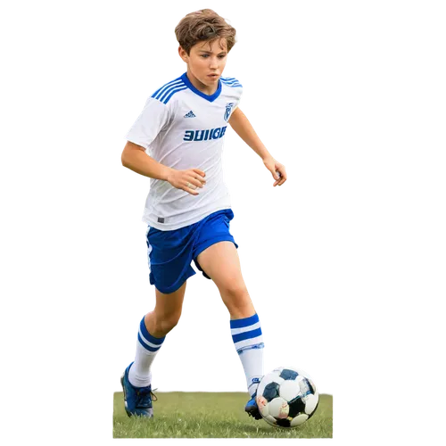 young boy, athletic build, soccer player, dynamic pose, running, kicking ball, sweaty face, messy short hair, bright eyes, white jersey, blue shorts, shin guards, cleats, green grass, sunny day, warm 