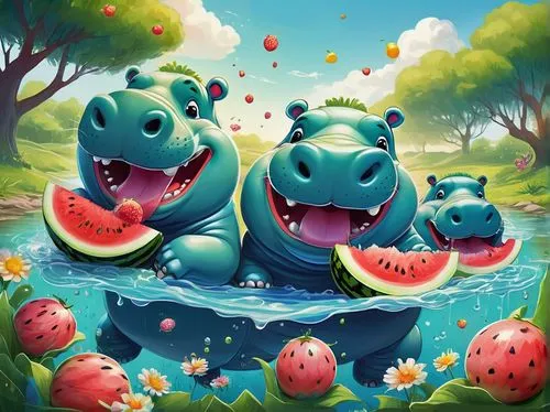 Hungry Hippos, cartoon character, cute expression, chubby body, green grass, sunny day, bright blue sky, fluffy white clouds, colorful flowers, shallow water, riverbank, playful pose, eating watermelo