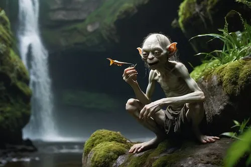 Happy Gollum, slender figure, hunched back, long fingers, toes, messy brown hair, pale skin, big round eyes, sharp teeth, torn clothes, rags, holding fish, sitting on rock, near river, waterfall, mist