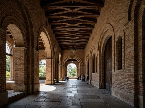 Ancient stone arches, rustic Romanesque fa\u00e7ade, weathered brick textures, ornate carvings, grand entranceways, vaulted ceilings, stained glass windows, intricate column capitals, worn stone floor