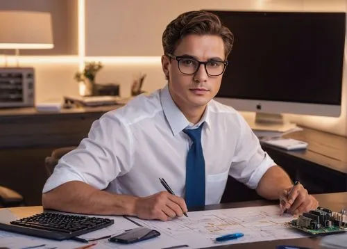 Microprocessor designer, male, 30s, glasses, short hair, white shirt, blue tie, black trousers, sitting, desk, papers, pens, computer screen, keyboard, CPU model, circuit board, wires, motherboard, ar