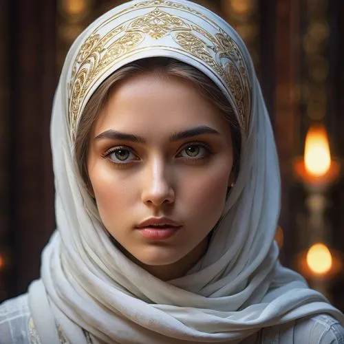 islamic girl,muslim woman,hijaber,arabian,hijab,arab,headscarf,middle eastern monk,mystical portrait of a girl,muslima,persian,young woman,yemeni,argan,romantic portrait,beautiful bonnet,ancient egyptian girl,girl in a historic way,indian girl,middle eastern,Illustration,Realistic Fantasy,Realistic Fantasy 36