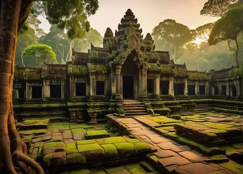 Ancient Khmer architecture, Angkor Wat inspired, intricate carvings, stone walls, majestic temple, grandiose entrance, ornate pillars, detailed bas-reliefs, lush tropical plants, vines crawling up wal