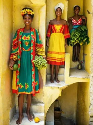 And so the Creole maidens in bathing suits came towards me like true goddesses of love, down a steep staircase, smiling friendly and with the best filled fruit bowl I have ever seen.,three african gir