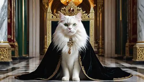 Tevildo Prince of Cats, male, feline humanoid, slender build, majestic posture, piercing green eyes, pointed ears, fluffy white hair, whiskers, elegant black fur coat with golden embroidery, ornate cr