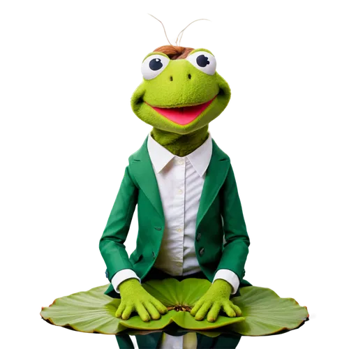 Muppet character Kermit, green skin, collarless shirt, white collar, Muppet eyes, gentle smile, solo, sitting on a lily pad, serene facial expression, soft lighting, cinematic composition, warm color 