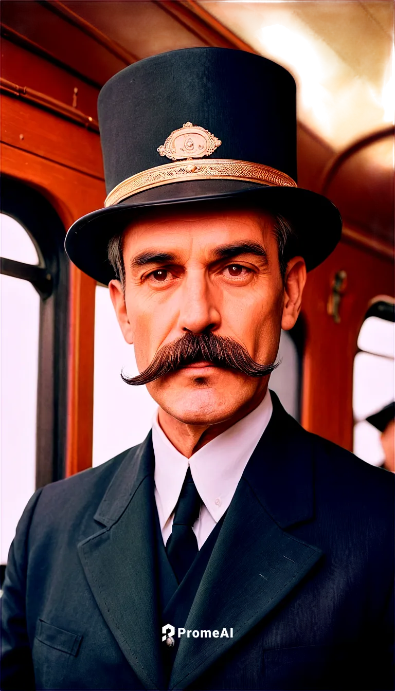 train, locomotive, vintage style, old-fashioned lamp, metal body, wheels, steam engine, passenger carriages, conductor uniform, hat, mustache, 3/4 composition, low angle shot, dramatic lighting, warm 