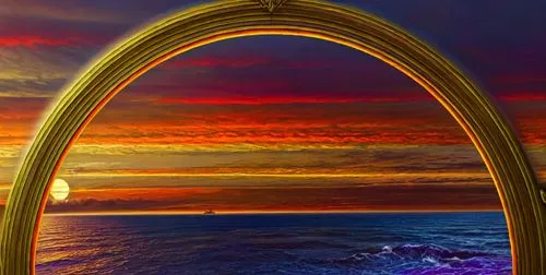 a large arch over water with the sun in the background,semi circle arch,porthole,round arch,rainbow bridge,portholes,three centered arch,Illustration,Realistic Fantasy,Realistic Fantasy 25