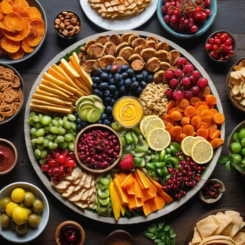 Create an engaging caption for a food platter picture.,food platter,food collage,fruit plate,food table,vegan nutrition,food presentation,fruit platter,crudités,cheese platter,cornucopia,platter,chees