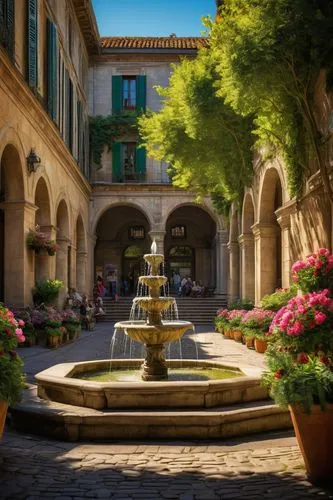 Piazza, grand staircase, Baroque-style fountain, ornate street lamps, historic buildings, columned arcade, cobblestone pavement, vibrant flowers in planters, mature trees providing shade, people sitti