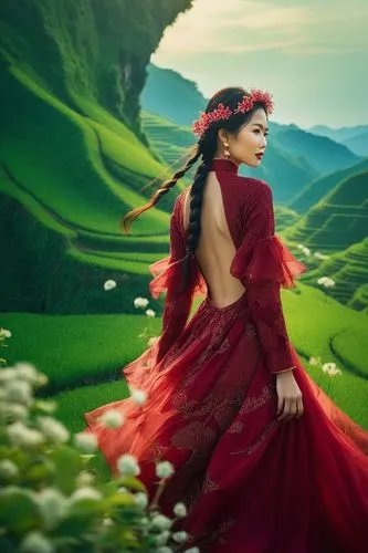 an elegant asian lady, wearing a dark cherry backless flowy dress, the background of beautiful deep emerald terraced fields,the woman is posing for a pograph in the mountain,shepherdess,flamenca,man i