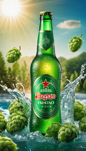 Product photography, commercial shoot, bright green background, splash explosion, A bottle of green Tsingtao beer surrounded by lots of hops and water, the sun shines in from the left, floating in the