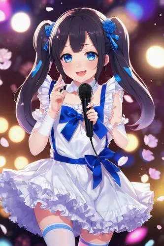 Nezuko-chan, anime girl, twin tails, blue eyes, pale skin, sweet smile, frilly white dress, blue ribbon, white stockings, black Mary Jane shoes, holding a microphone, idol pose, sparkles, glitter, col