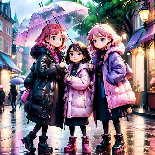 two girls in pink and lilac oversized puffy coats use a black oversized puffy coat for repair them from the rain like a umbrella ,three s standing under an umbrella,walkure,raincoats,winter clothing,l